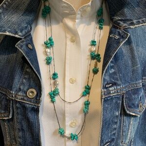 Handmade Turquoise, Mother of Pearl and Silver Beaded Necklace.